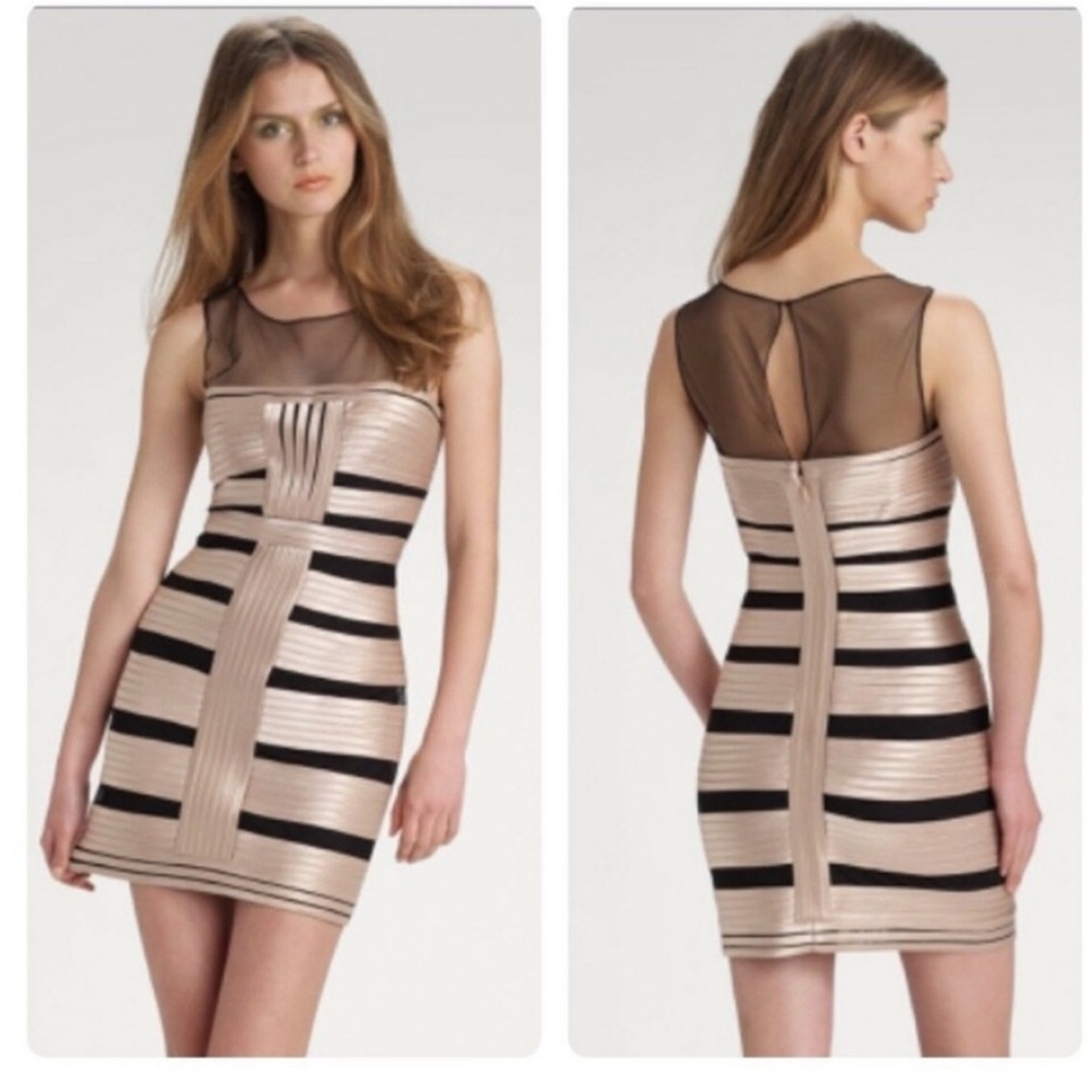BCBG Maxazria Black and Gold Striped Dress size 10 Women